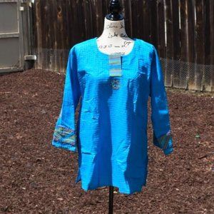 India Indian Kurti Tunic Top Embroidered Colorful Blue Peasant Hippie Ribbed 2X